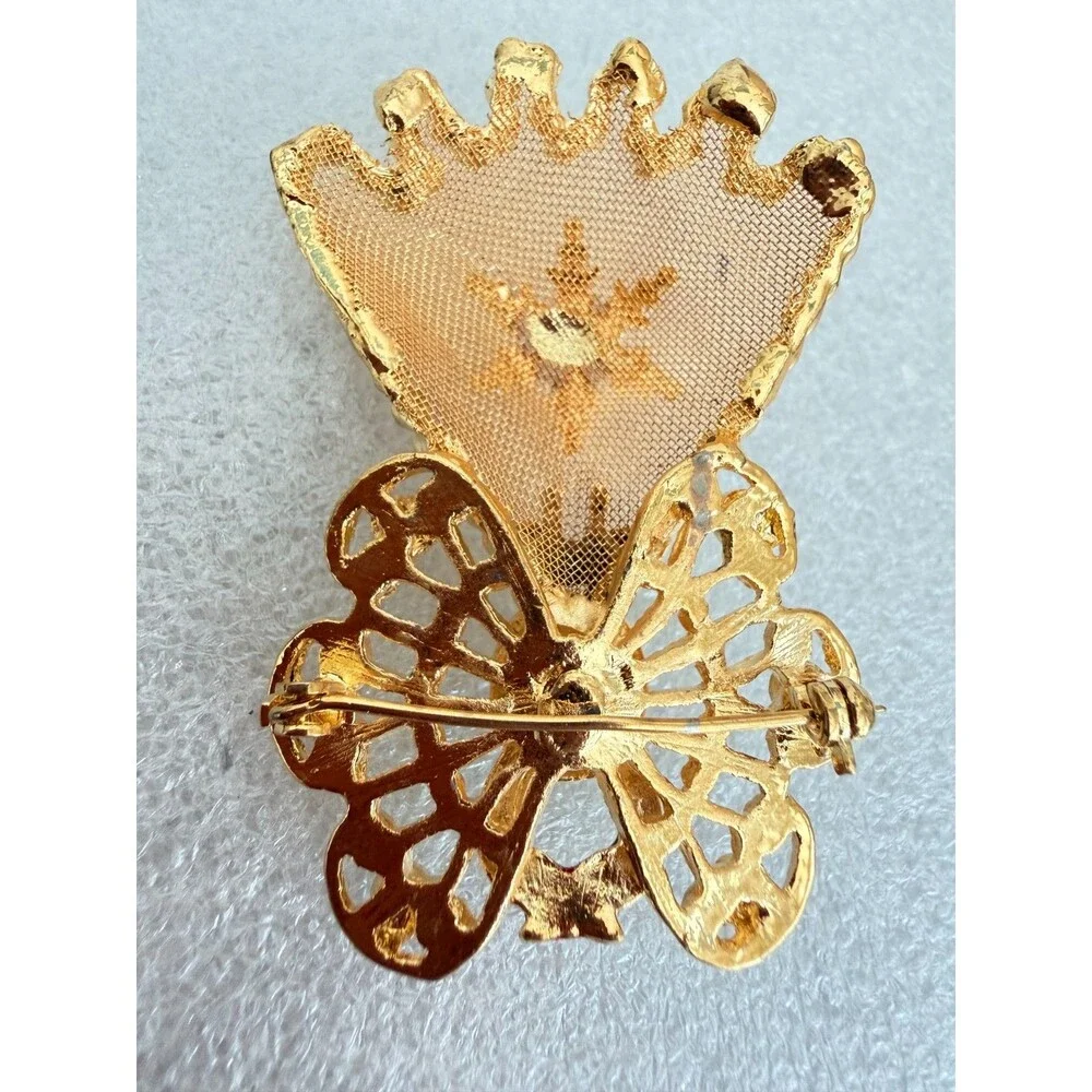 Vintage 1980s 1990s Gold Tone Mesh Christmas Angel Brooch Faux Pearl Snowflake